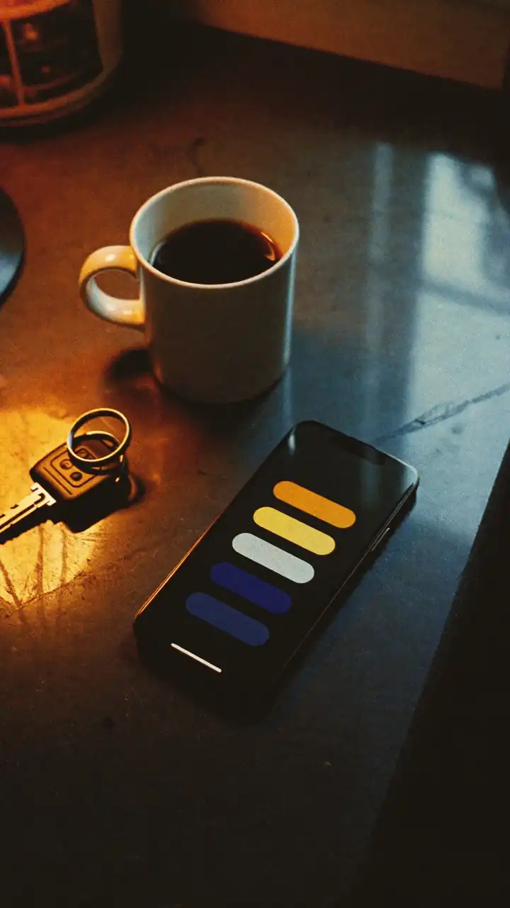 A phone face up on a kitchen counter next to a coffee mug and house keys.