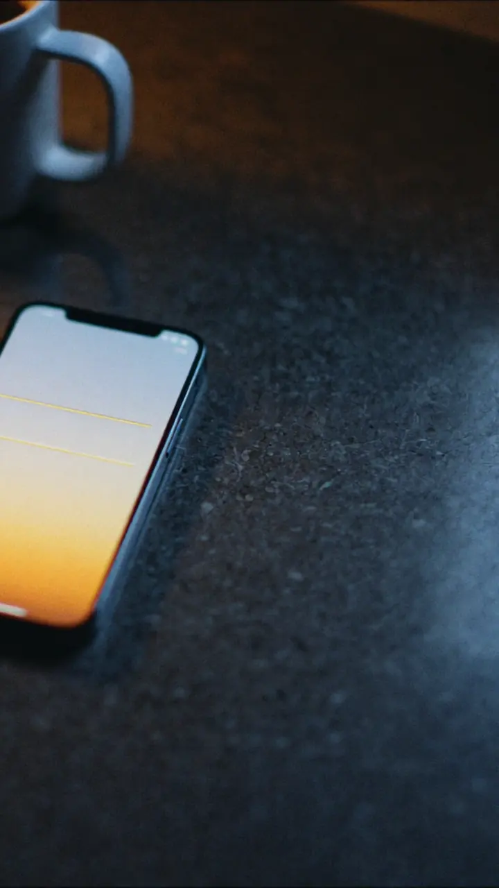 A phone face up on a kitchen counter next to a coffee mug and house keys.