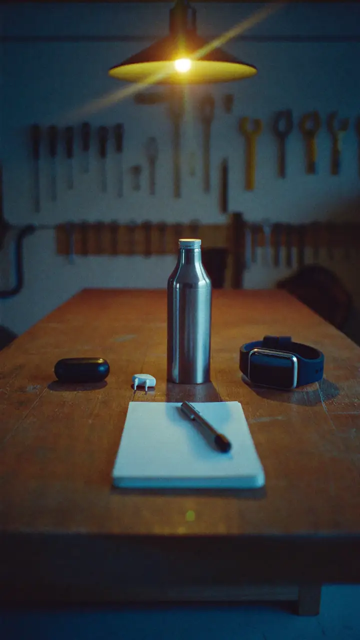 Earbuds case, steel bottle, smart plugs and a fitness band laid out on a garage workbench.