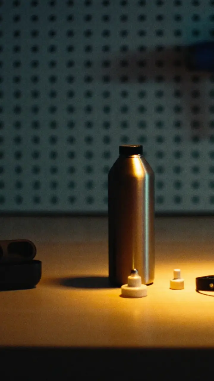 Earbuds case, steel bottle, smart plugs and a fitness band laid out on a garage workbench.