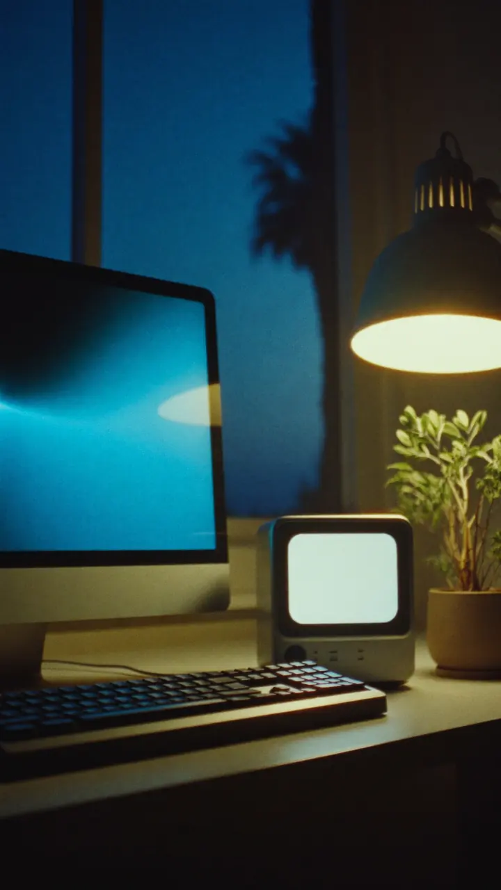 A home desk before sunrise, a monitor glowing blue, a small computer and a desk lamp.